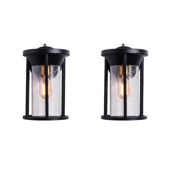Hawaii 11.02 in. H Black Seeded Glass Hardwired Outdoor Wall Lantern Sconce with Dusk to Dawn (Set of 2)