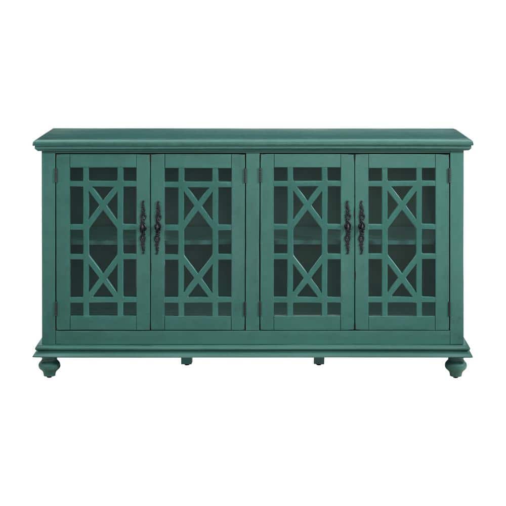 Teal 63" TV Stand with Glass Cabinet Doors