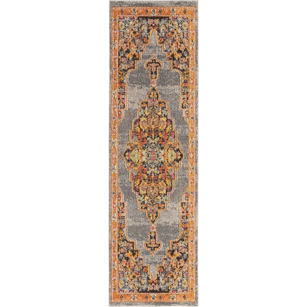 Nourison Passionate Gray and Orange Medallion Runner Rug