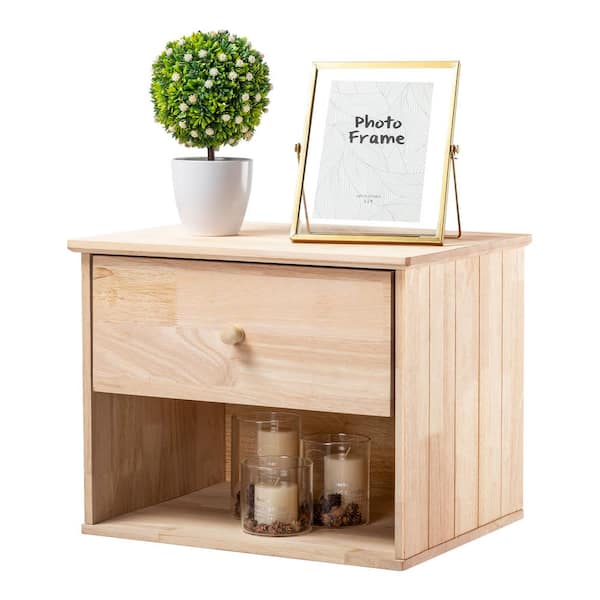 Karl home 2-Piece Nightstand Tan Rubber Wood Floating with 1-Drawer and Storage 13.8 in. H x 17.7 in. W x 13.8 in. D
