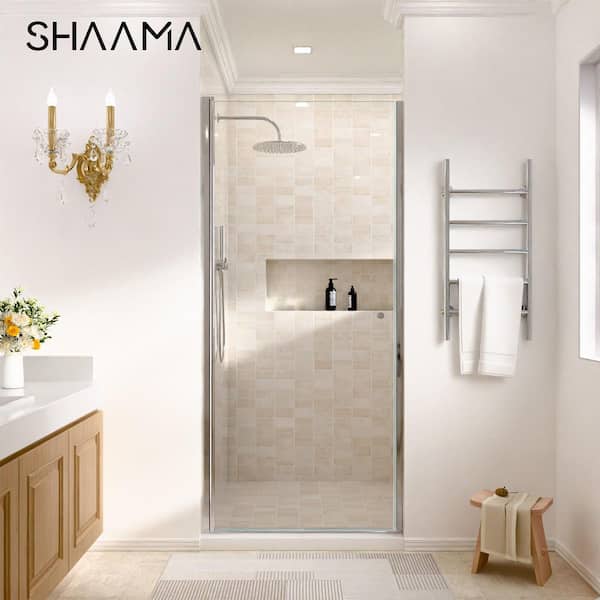 23-24 in. W x 72 in. H Space Saving Pivot Semi-Frameless Swing Shower Door in Chrome Finish with Clear Tempered Glass