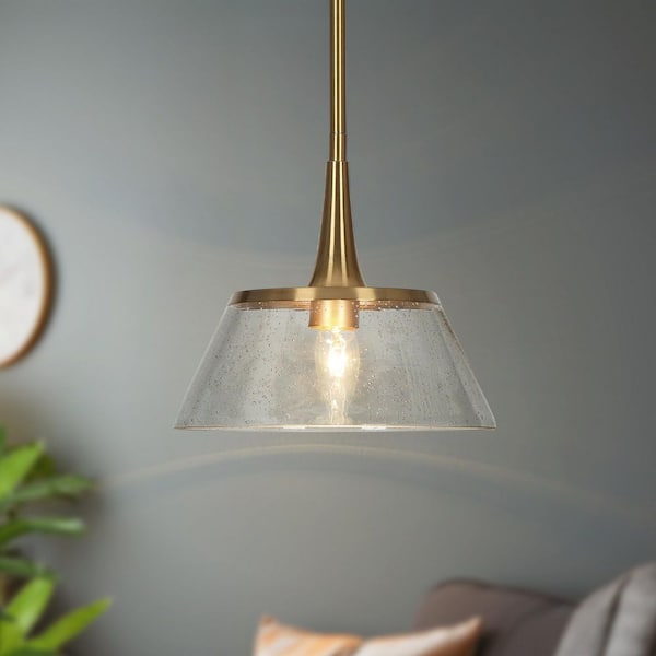 Quoridan Brass Modern Drum Kitchen Pendant Light with Seeded Glass Modern 1-Light Living Dining Room Island Chandelier