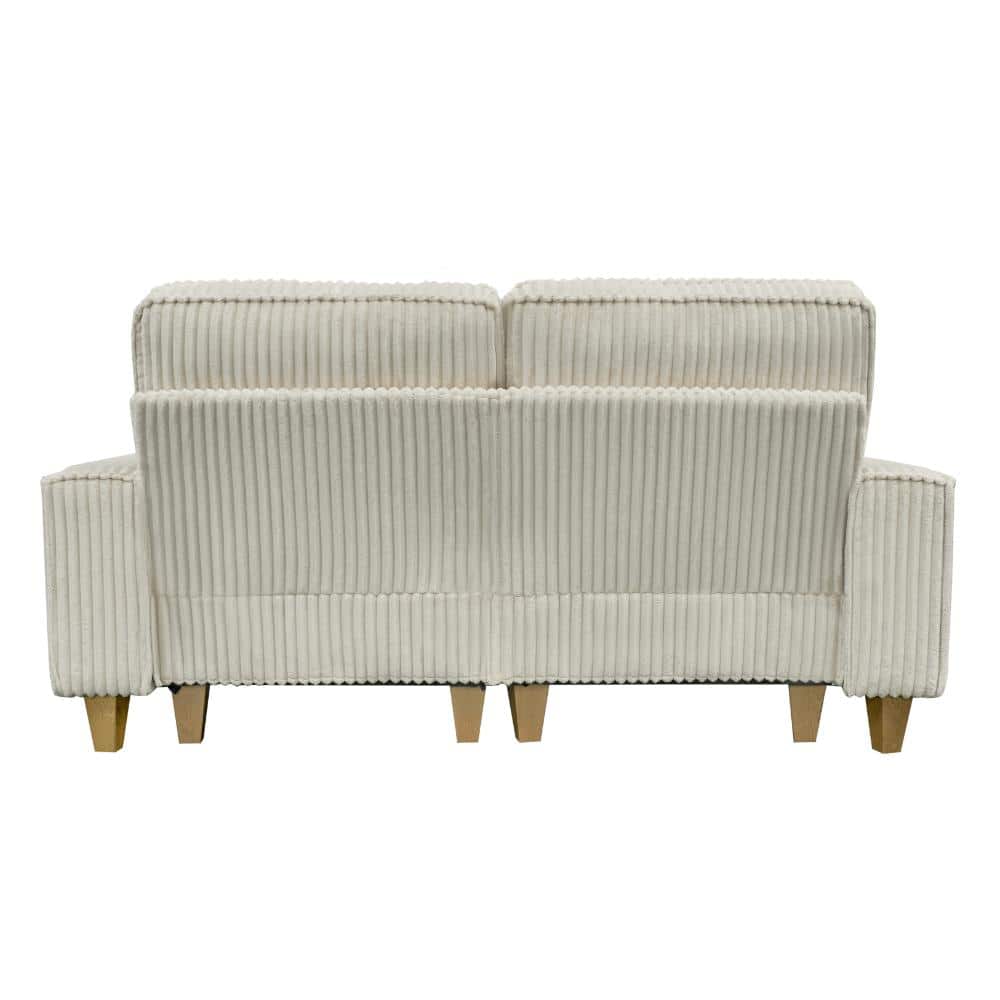 Rear view of a beige corduroy 2-seater loveseat.