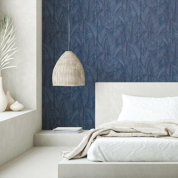 Navy Swaying Fronds Vinyl Peel and Stick Wallpaper Roll (28.18 sq. ft.)