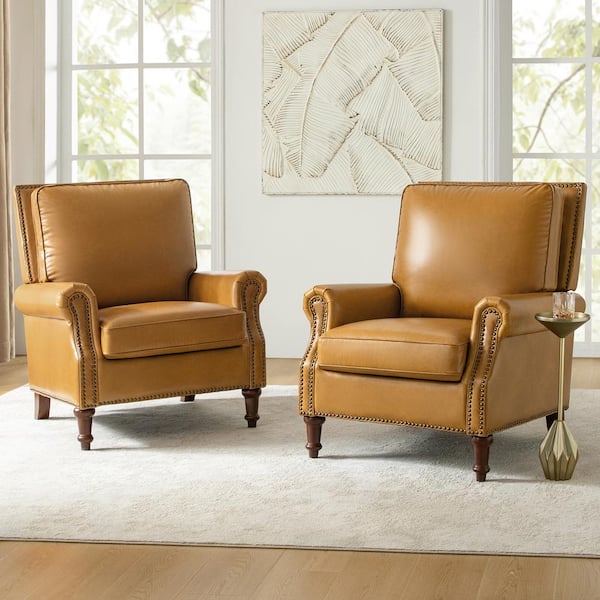 JAYDEN CREATION Rosal Camel 33 in. W Genuine Leather Accent Chair with Spindle Legs (Set of 2)