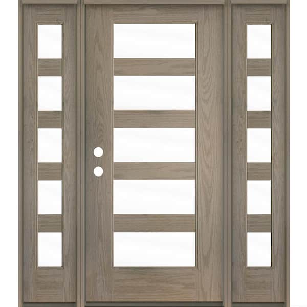 Krosswood Doors Modern 64 in. x 80 in. Right-Hand/Inswing 5-Lite Clear Glass Oiled Leather Stain Fiberglass Prehung Front Door with DSL