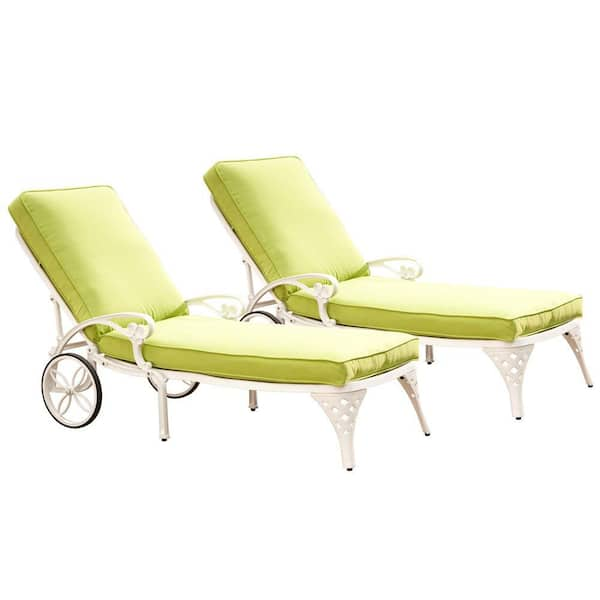 HOMESTYLES Biscayne White Patio Chaise Lounge with Green Apple Cushion (Set of 2)