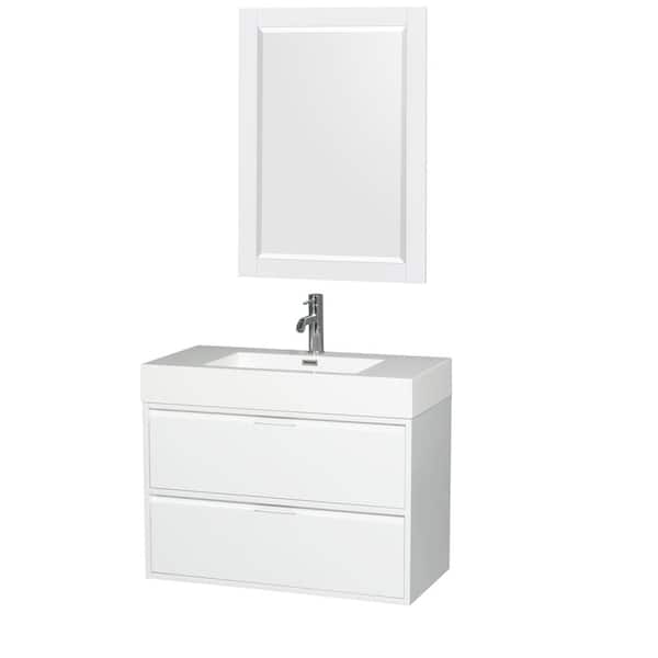 Wyndham Collection Daniella 35.3 in. W Vanity in Glossy White with Acrylic Vanity Top in White with White Basin and 24 in. Mirror
