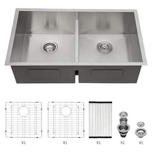 33 in L x 19 in. W. x 10 in. D Undermount Double Bowl 16 Gauge Silver Stainless Steel Kitchen Sink