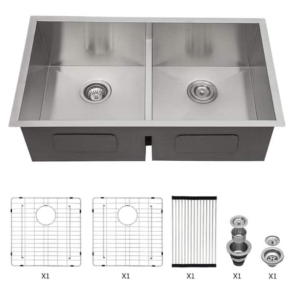 ANGELES HOME 33 in L x 19 in. W. x 10 in. D Undermount Double Bowl 16 Gauge Silver Stainless Steel Kitchen Sink