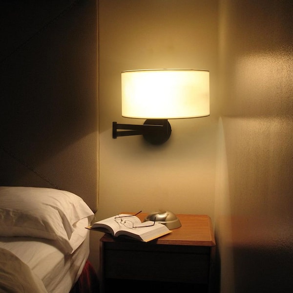 Modern 2-Light Black Swing Arm Wall Lamp with white drum Fabric Shade