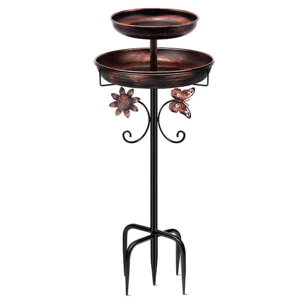 42In Vintage Freestanding Birdbaths Double Metal Bird Bath Feeder Bowls, Upgraded 5-Pronged Base (Antique Bronze)