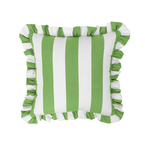 Cabana Stripe Green/White 18 in. Filled Square Ruffle Outdoor Throw Pillow