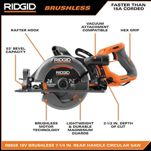 RIDGID 18V Brushless Cordless 7-1/4 in. Rear Handle Circular Saw with (2) 4.0 Ah Batteries, Charger, and Bag - 3