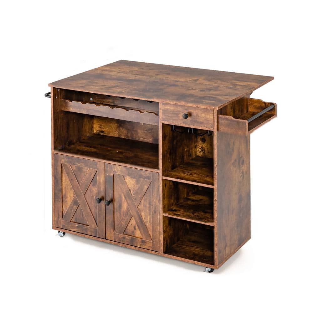 Brown Wood 47 in. Kitchen Island with Drop Leaf and Wine Rack