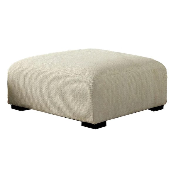 Benjara Beige Chenille Fabric Square Accent Ottoman