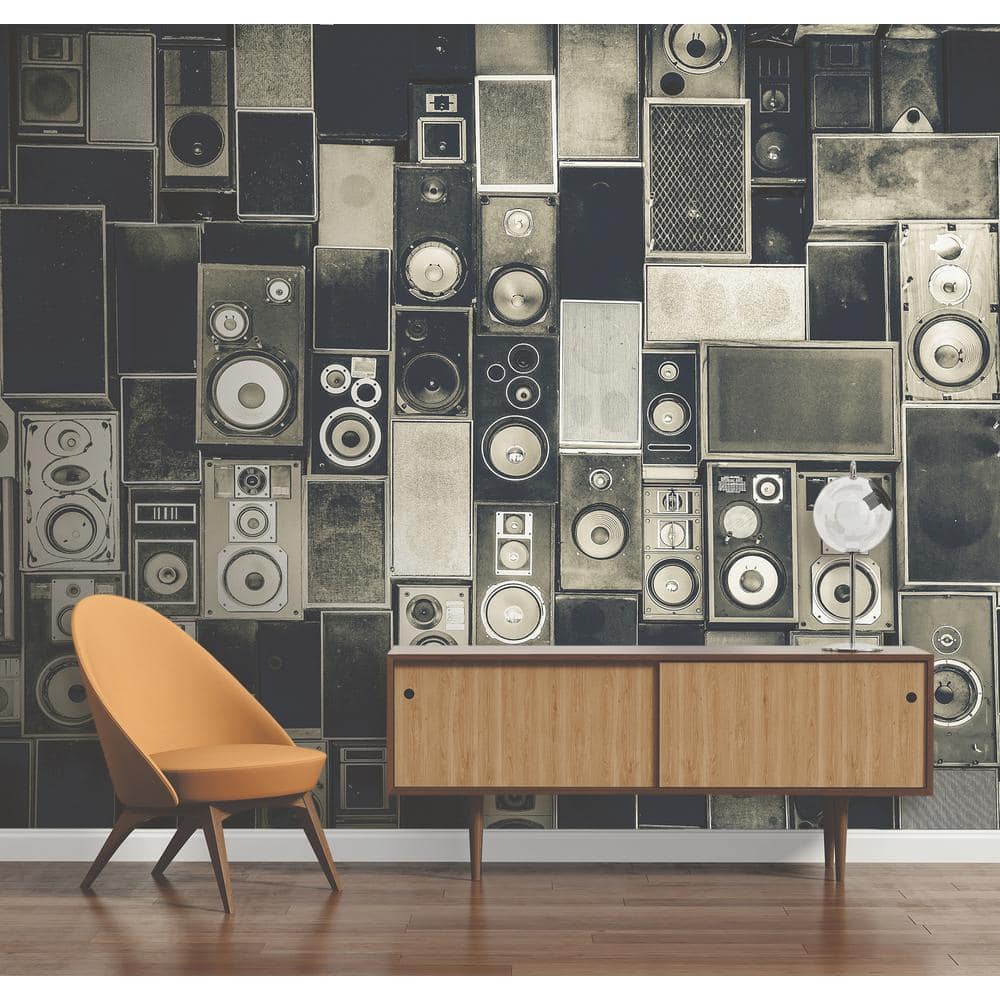 Gray Non-Woven Abstract Wall Mural with Vintage Speakers