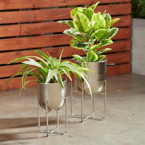 16 in. x 10 in. Silver Metal Contemporary Planter (Set of 2)