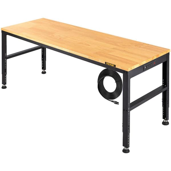 20 in. W x 61 in. D Workbench Adjustable Height, 2000 lbs. Load Capacity with Power Outlets and Hardwood Top