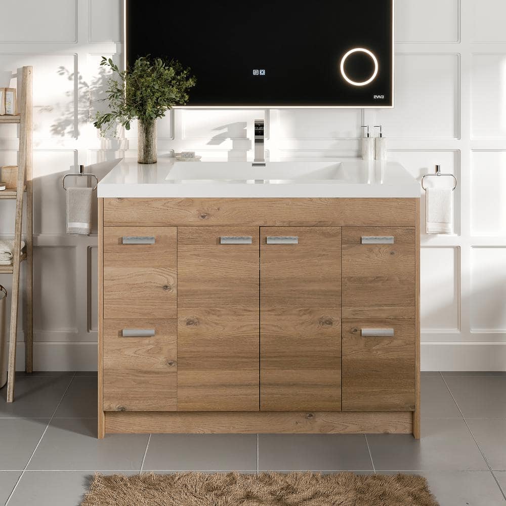 Eviva Lugano 42 in. W x 19 in. D x 36 in. H Single Bath Vanity in Natural Oak with White Acrylic Top and White Integrated Sink