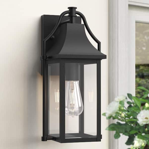 Hawaii 15 in. H 1-Bulb Black Hardwired Outdoor Wall Lantern Sconce with Dusk to Dawn