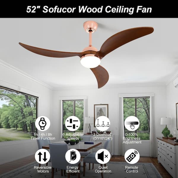 Sofucor 52 Inch Ceiling Fan With Lights Remote Control 3 Wood Fan Blade  Ceiling Fans Noiseless DC Motor Solid Walnut and Matte Black For Farmhouse