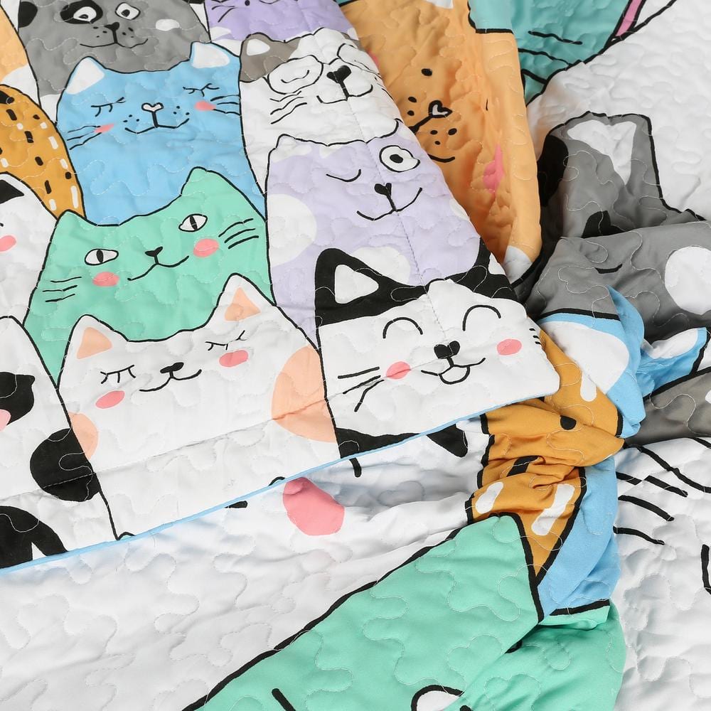 Blue Cat Twin Size Reversible Kids Quilt Set