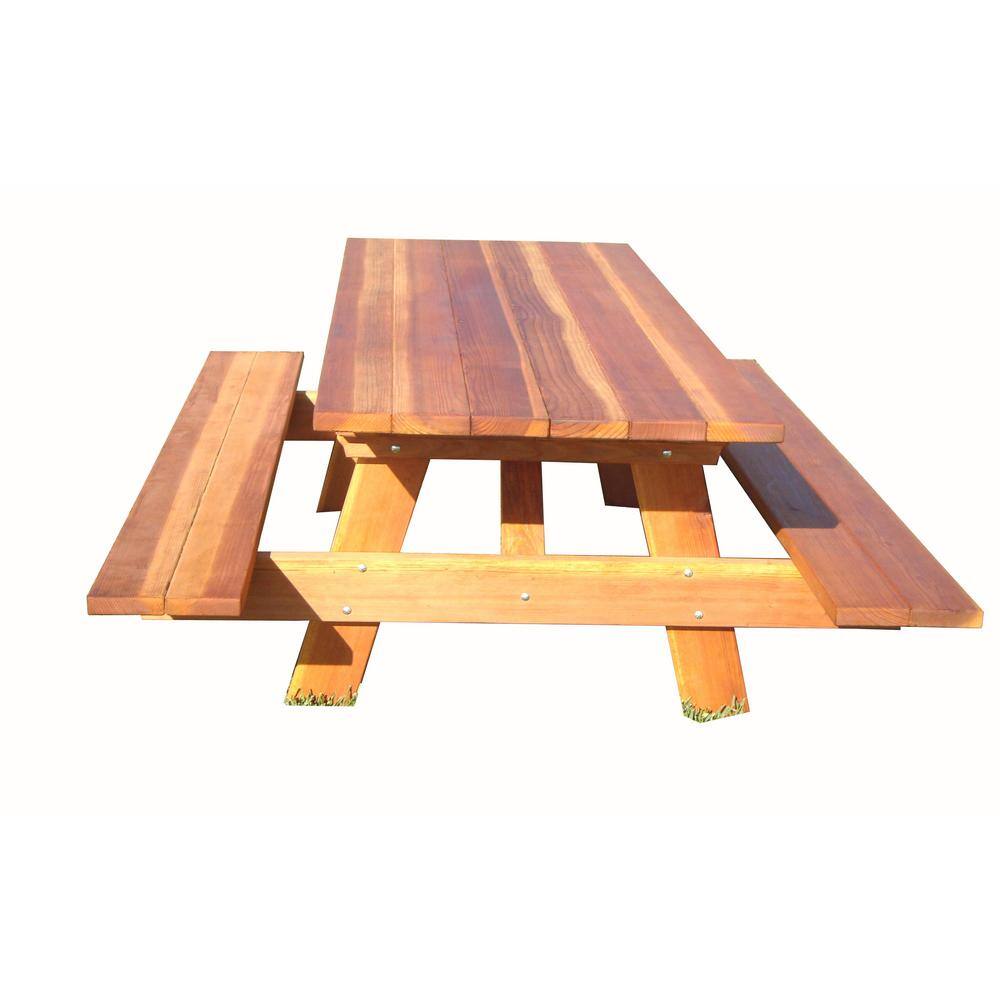 96" Medium Brown Redwood Picnic Table with Attached Benches
