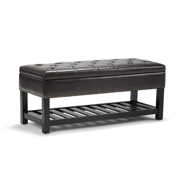 Simpli Home Lomond 43 in. Wide Transitional Rectangle Storage Ottoman Bench in Tanners Brown Faux Leather