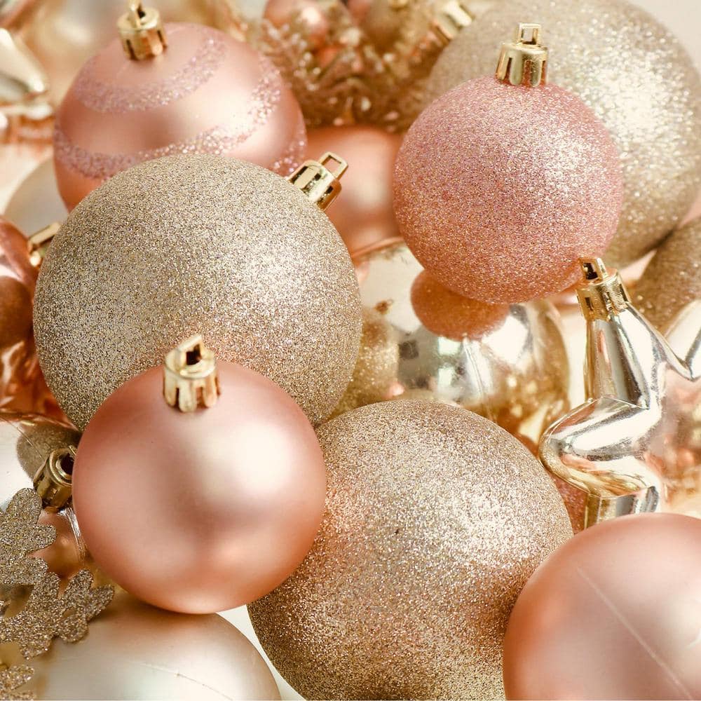 Assorted Gold and Rose Gold Plastic Christmas Ornament Set - 76 Pack