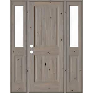 58 in. x 80 in. Rustic Knotty Alder Square Top Right-Hand/Inswing Clear Glass Grey Stain Wood Prehung Front Door w/DHSL