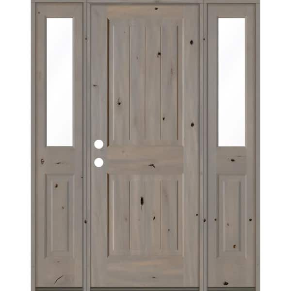 Krosswood Doors 58 in. x 80 in. Rustic Knotty Alder Square Top Right-Hand/Inswing Clear Glass Grey Stain Wood Prehung Front Door w/DHSL