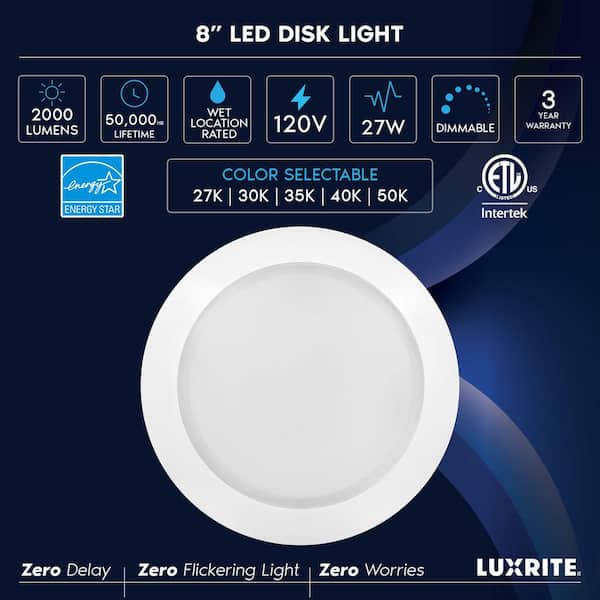 8 in. LED Disk Lights 27W 5CCT Selectable LED Flush Mount Recessed Retrofit 2000LM Dimmable J-Box or 6 in. Can Install