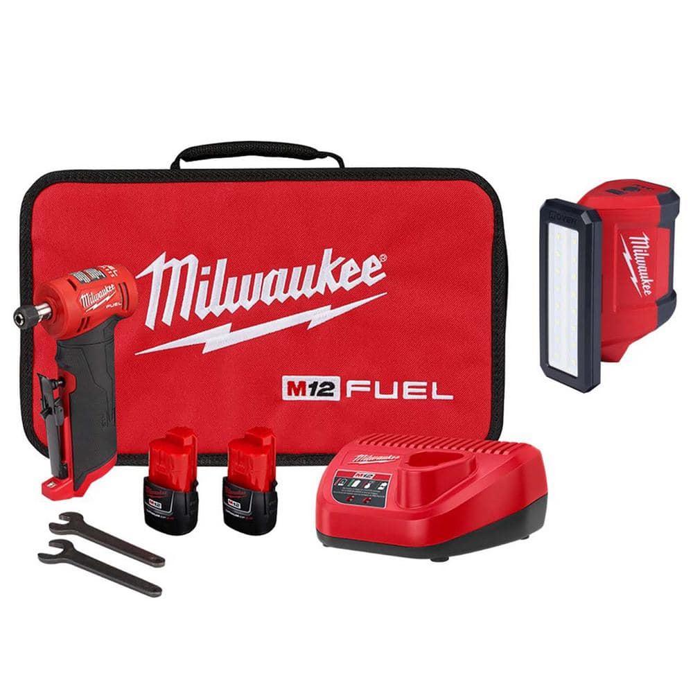 Milwaukee M12 FUEL 12-Volt Lithium-Ion 1/4 in. Cordless Right Angle Die Grinder Kit with M12 ROVER Service Light