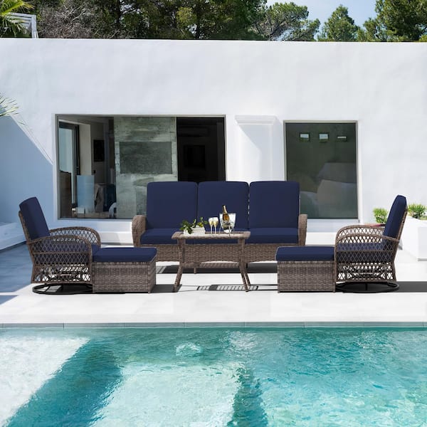 JEAREY 6-Piece Wicker Patio Conversation Set with Navy Cushions