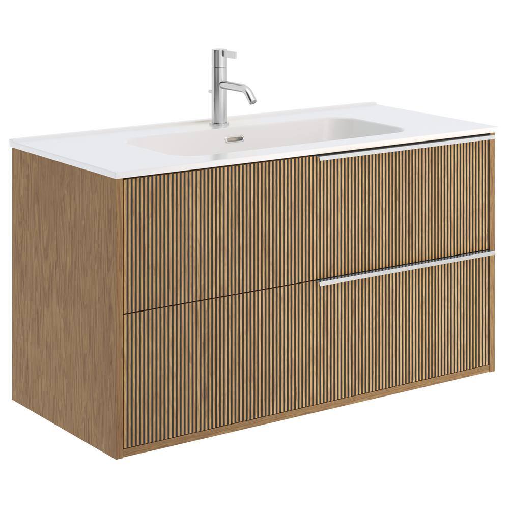 40" Medium Brown MDF Wall-Mounted Vanity with White Ceramic Sink