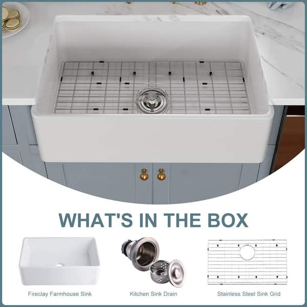 White Fireclay 30 in. Single Bowl Farmhouse Apron Kitchen Sink Workstation Kitchen Sink with Bottom Grid