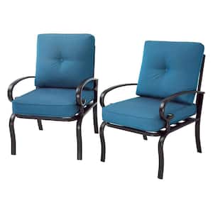Cushioned Black Metal Outdoor Dining Chair with Peacock Blue Cushions (2-Pack)