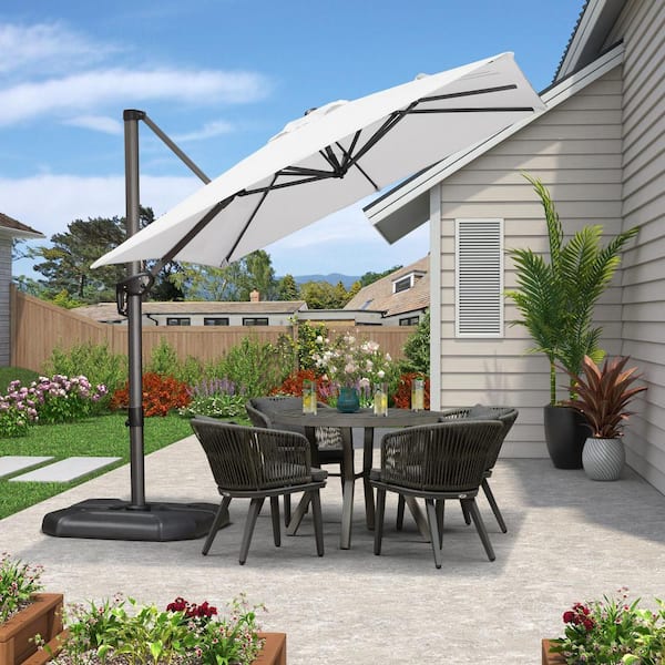 PURPLE LEAF 8 ft. Square Aluminum Outdoor Patio Cantilever Umbrella Offset 360° Rotation Umbrella with Base, White