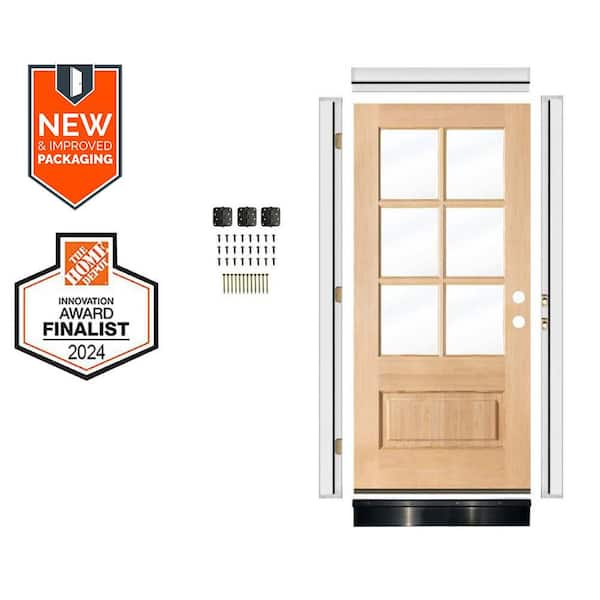 DIY 36in.x80in. Farmhouse Left-Handed 6 Lite Clear Glass Unfinished Hemlock Wood Front Door Kit w/ Quick Assemble Jamb
