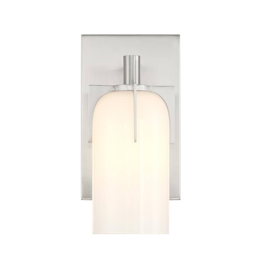 Satin Nickel Outdoor Dimmable Wall Sconce with Etched White Opal Glass Shade