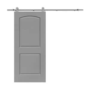 30 in. x 80 in. Light Gray Stained Composite MDF 2-Panel Round Top Interior Sliding Barn Door with Hardware Kit
