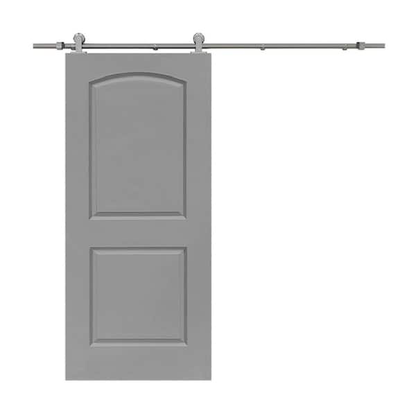 CALHOME 30 in. x 80 in. Light Gray Stained Composite MDF 2-Panel Round Top Interior Sliding Barn Door with Hardware Kit
