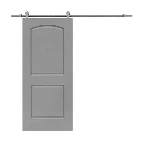 CALHOME 36 in. x 80 in. Light Gray Stained Composite MDF 2-Panel Round Top Interior Sliding Barn Door with Hardware Kit