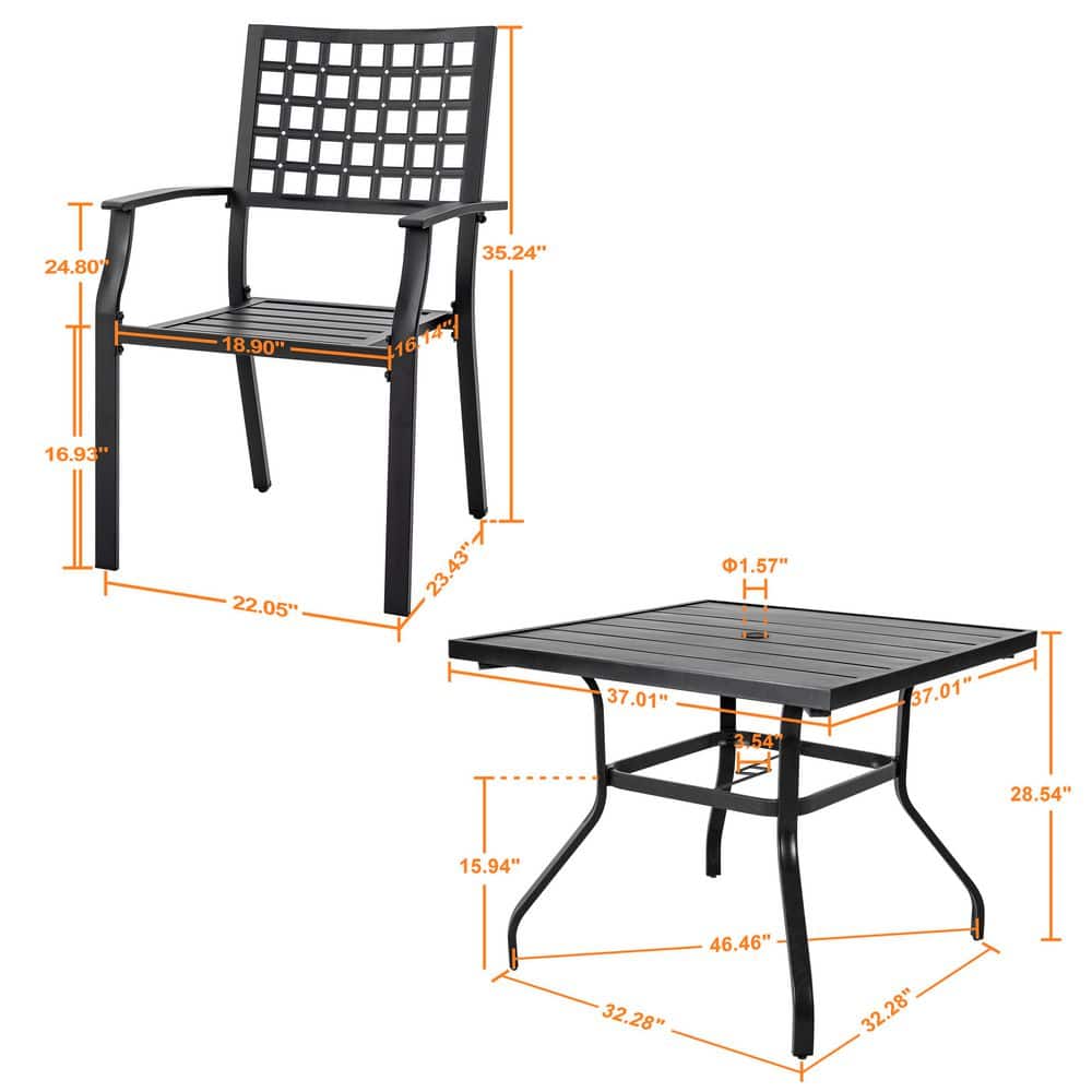 Black Iron 5-Piece Square Outdoor Dining Set with Umbrella Hole
