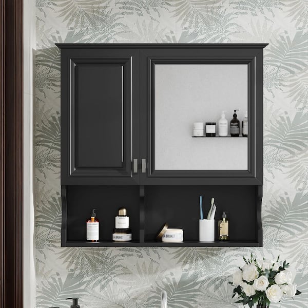 30 in. W x 28.7 in. H Rectangular Black MDF Medicine Cabinet with Mirror and Adjustable Shelf