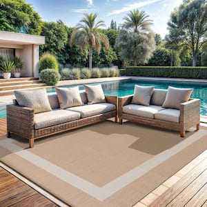 Beige/White 5 ft. x 7 ft. Bordered Indoor/Outdoor Area Rug