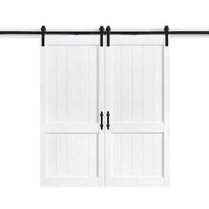 Dorian 36 in. x 84 in. Textured White Double Sliding Barn Door with Solid Core and U-Shape Soft Close Hardware Kit