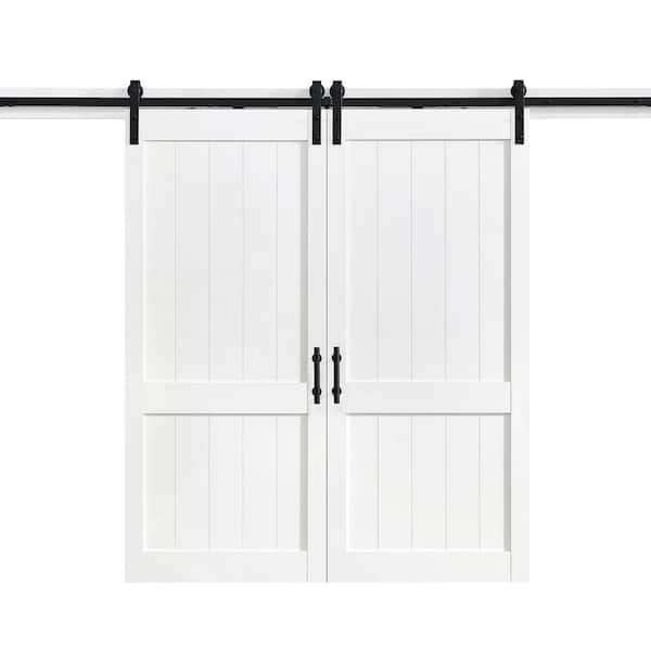 OVE Decors Dorian 36 in. x 84 in. Textured White Double Sliding Barn Door with Solid Core and U-Shape Soft Close Hardware Kit