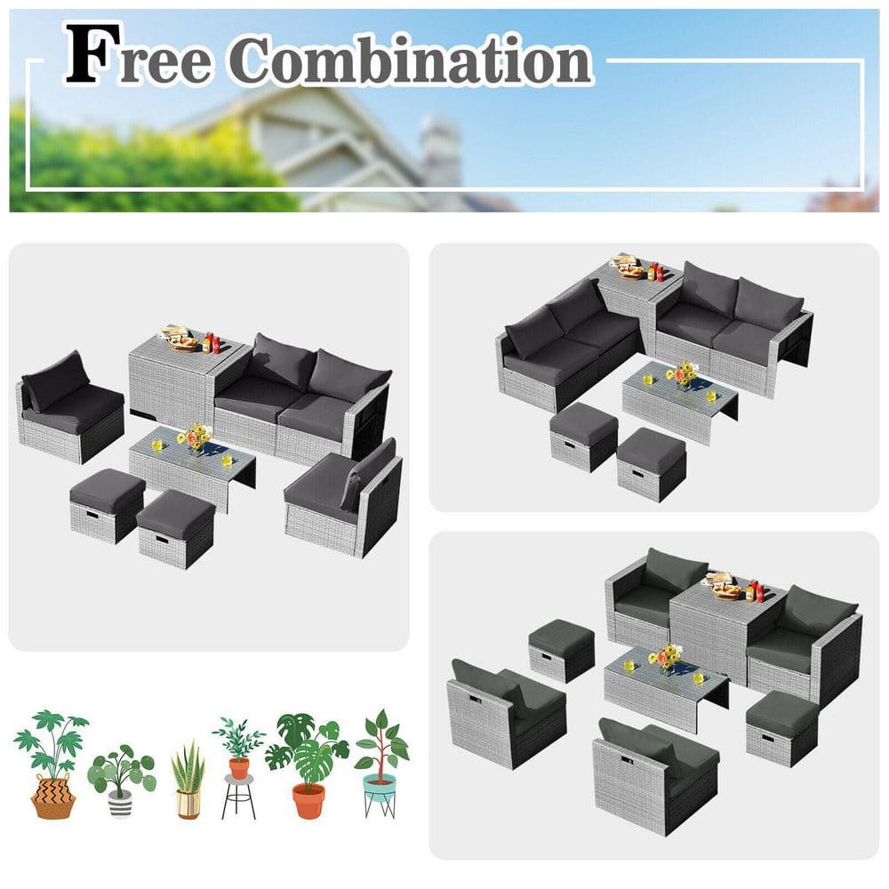 8-Piece Gray Wicker Patio Conversation Set with Cushions and Storage